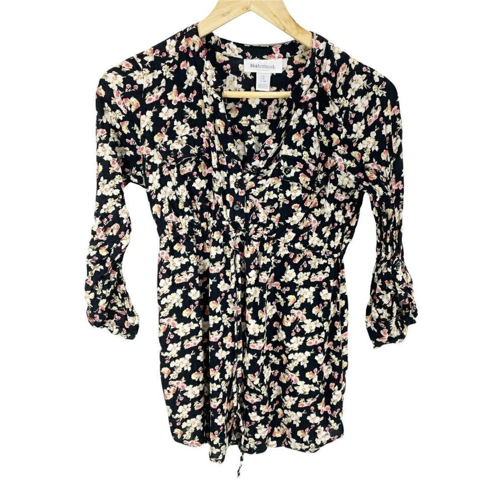 Motherhood Maternity Black Floral Blouse Sz‎ S 3/4 Sleeves Henley Button Front